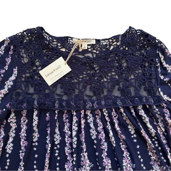 Living Doll Blue Pink Floral Lace Long Sleeve Boho Blouse Top Size Large NEW - Picture 3 of 13